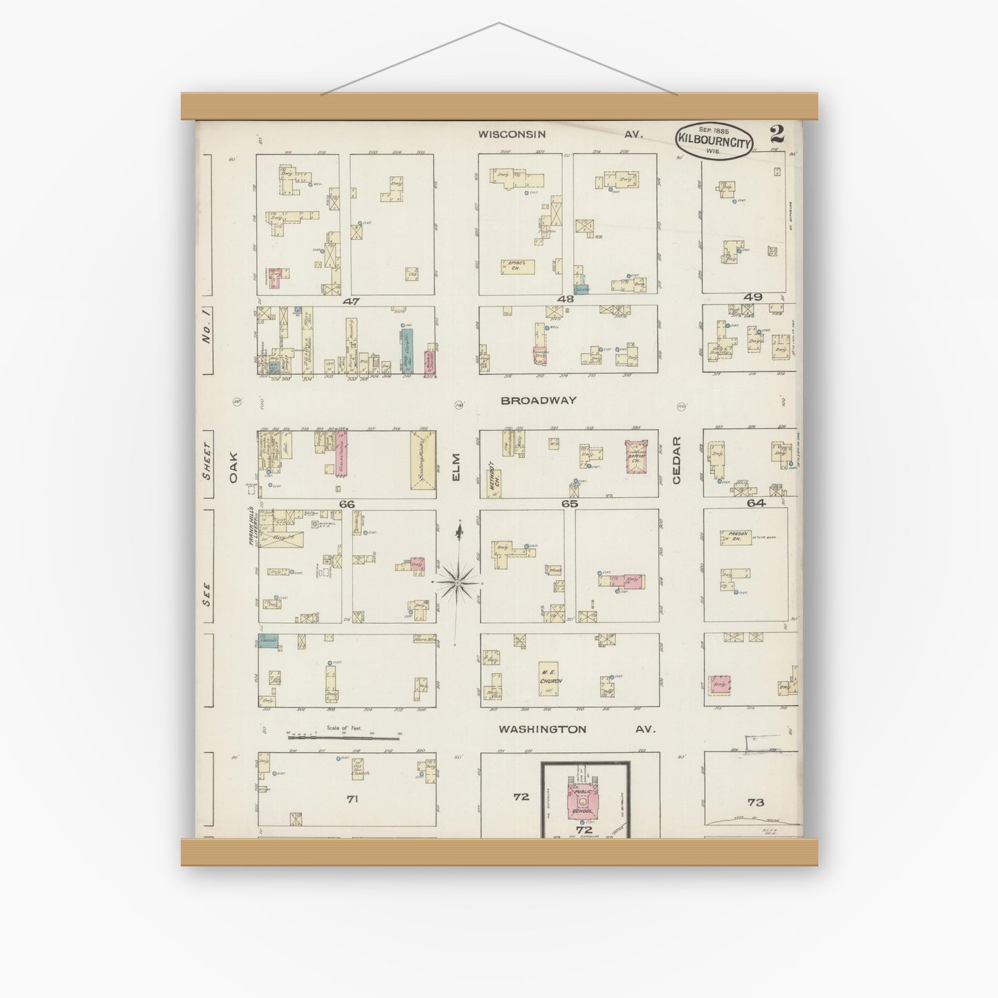 Old map wall art mockup — magnetic wood frame on white wall — Sanborn Fire Insurance Map from Kilbourn, Columbia County, Wisconsin (1885), Sheet #0002