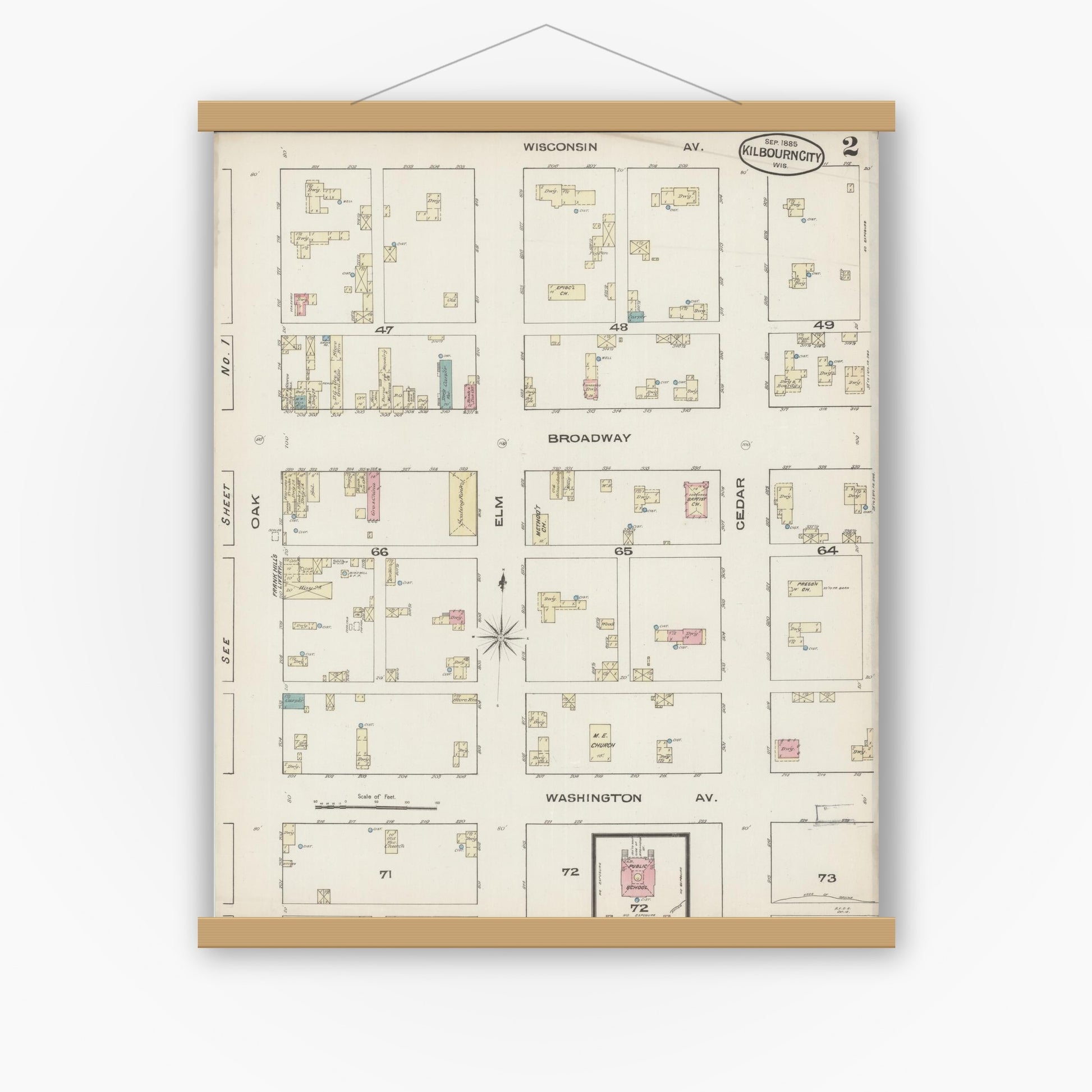Old map wall art mockup — magnetic wood frame on white wall — Sanborn Fire Insurance Map from Kilbourn, Columbia County, Wisconsin (1885), Sheet #0002