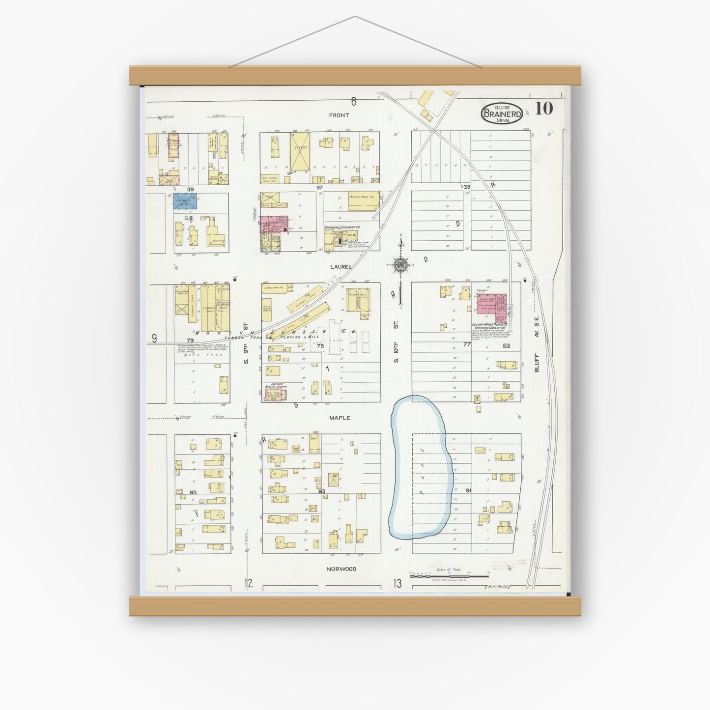 Old map wall art mockup — magnetic wood frame on white wall — Sanborn Fire Insurance Map from Brainerd, Crow Wing County, Minnesota (1917), Sheet #0010