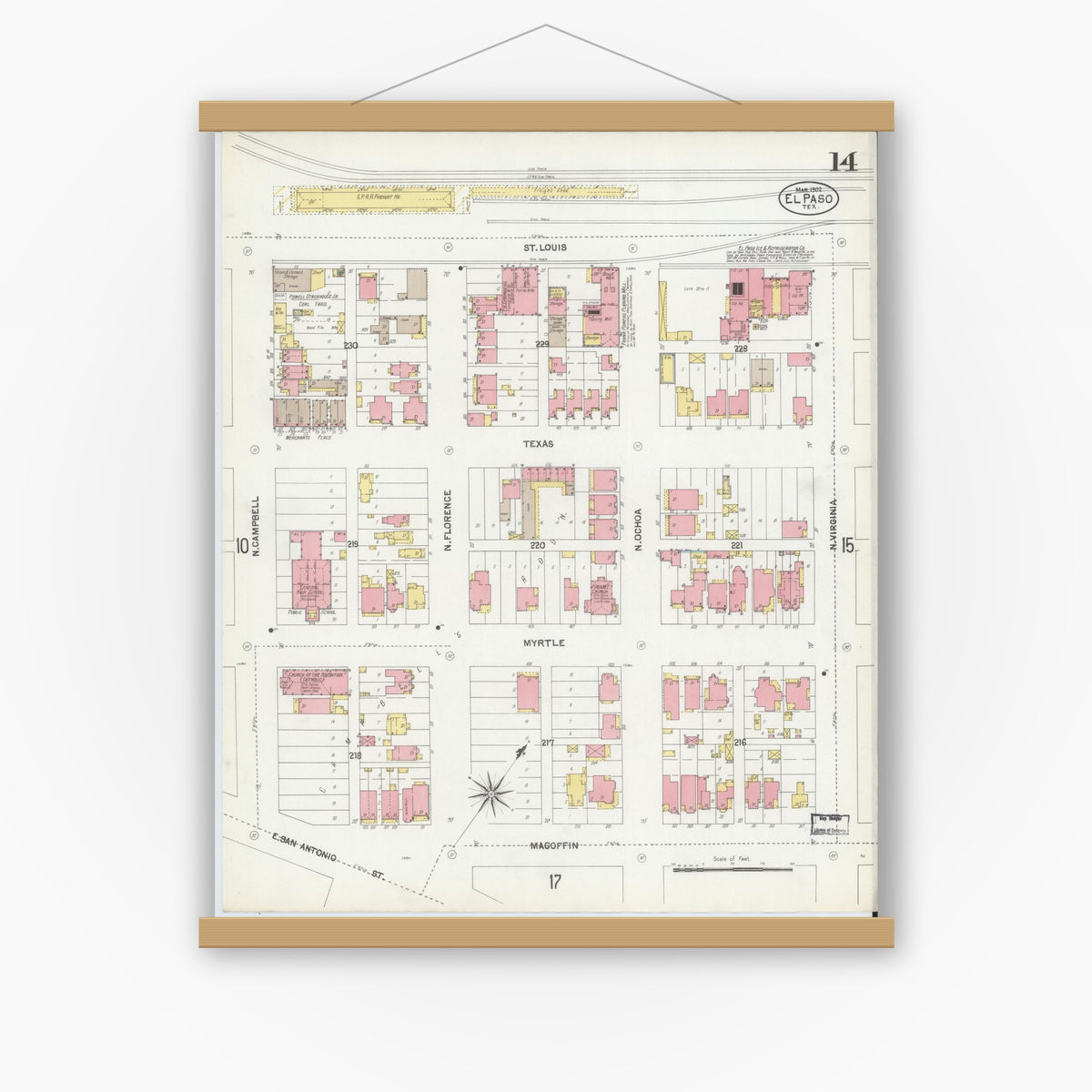 Old map wall art mockup — magnetic wood frame on white wall — Sanborn Fire Insurance Map from El Paso, El Paso County, Texas (1902), Sheet #0014