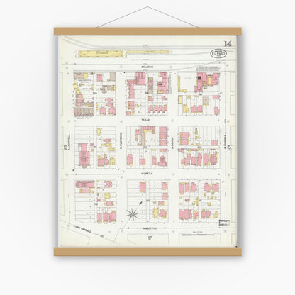 Old map wall art mockup — magnetic wood frame on white wall — Sanborn Fire Insurance Map from El Paso, El Paso County, Texas (1902), Sheet #0014