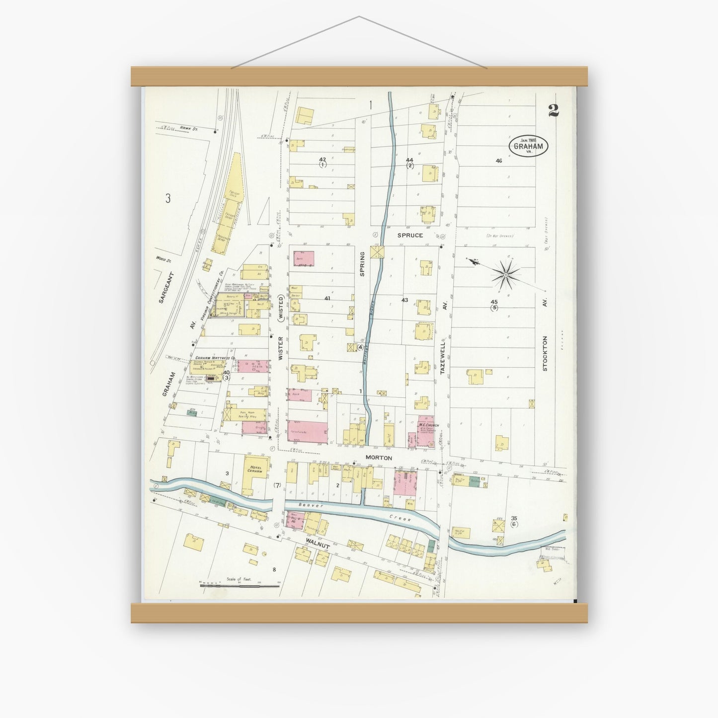 Old map wall art mockup — magnetic wood frame on white wall — Sanborn Fire Insurance Map from Graham, Tazewell County, Virginia (1908), Sheet #0002