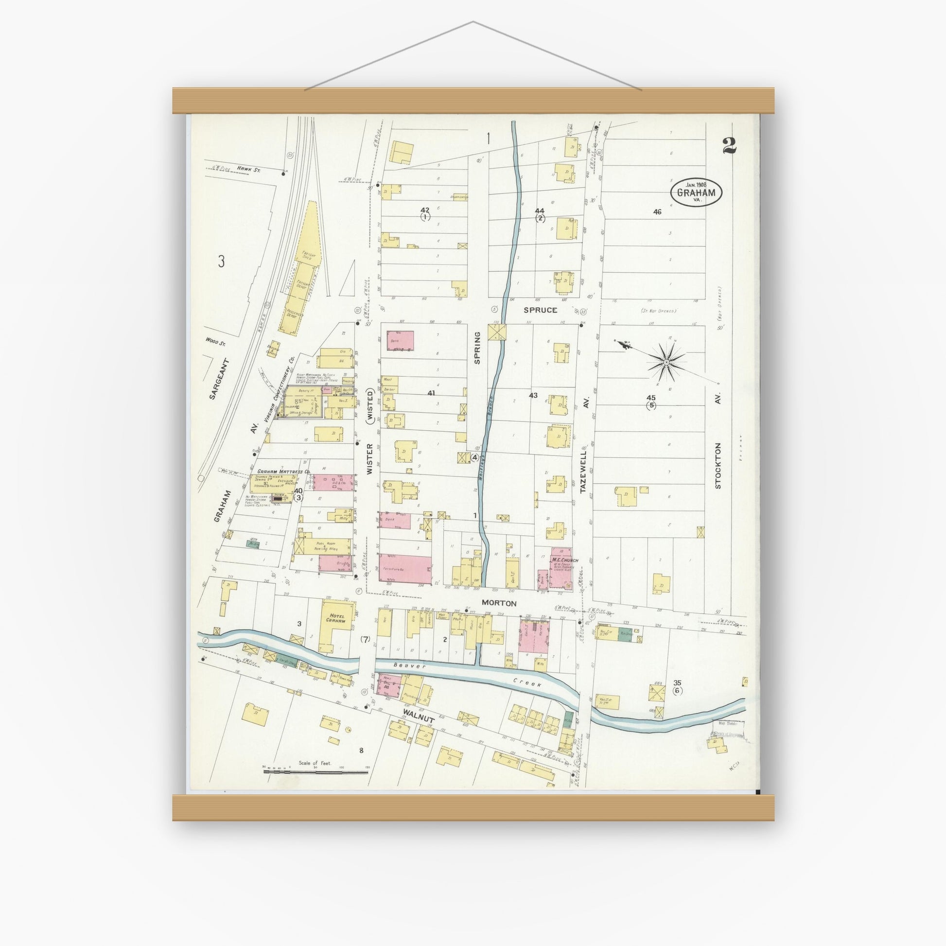 Old map wall art mockup — magnetic wood frame on white wall — Sanborn Fire Insurance Map from Graham, Tazewell County, Virginia (1908), Sheet #0002