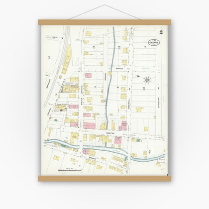 Old map wall art mockup — magnetic wood frame on white wall — Sanborn Fire Insurance Map from Graham, Tazewell County, Virginia (1908), Sheet #0002