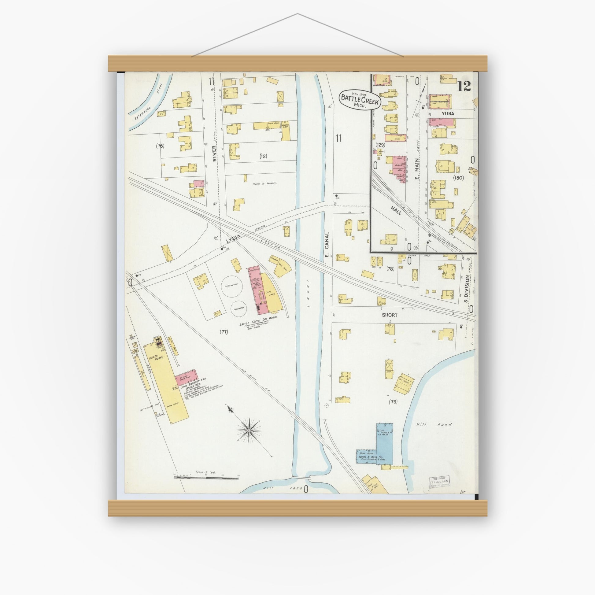 Old map wall art mockup — magnetic wood frame on white wall — Sanborn Fire Insurance Map from Battle Creek, Calhoun County, Michigan (1899), Sheet #0012
