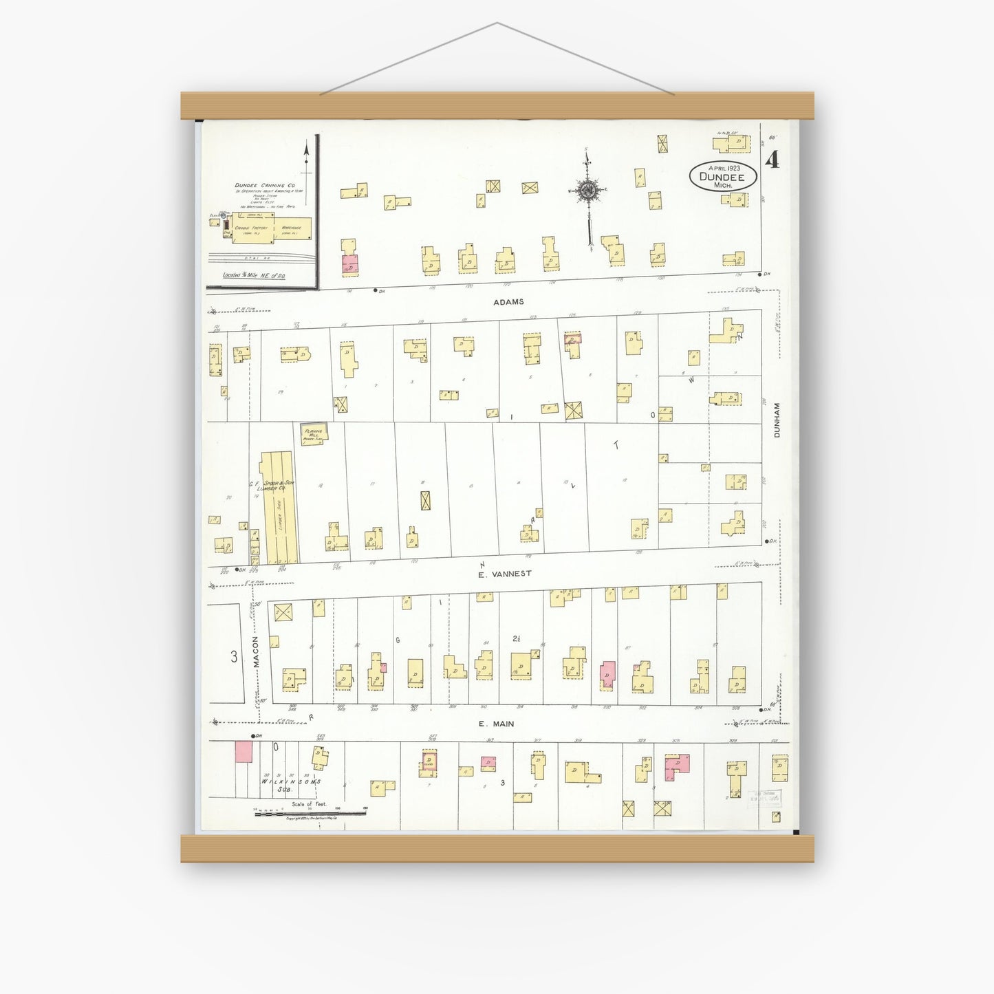Old map wall art mockup — magnetic wood frame on white wall — Sanborn Fire Insurance Map from Dundee, Monroe County, Michigan (1923), Sheet #0004