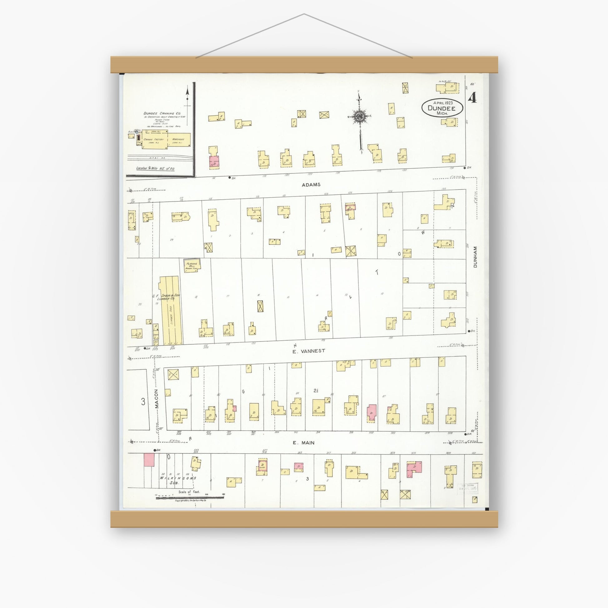 Old map wall art mockup — magnetic wood frame on white wall — Sanborn Fire Insurance Map from Dundee, Monroe County, Michigan (1923), Sheet #0004