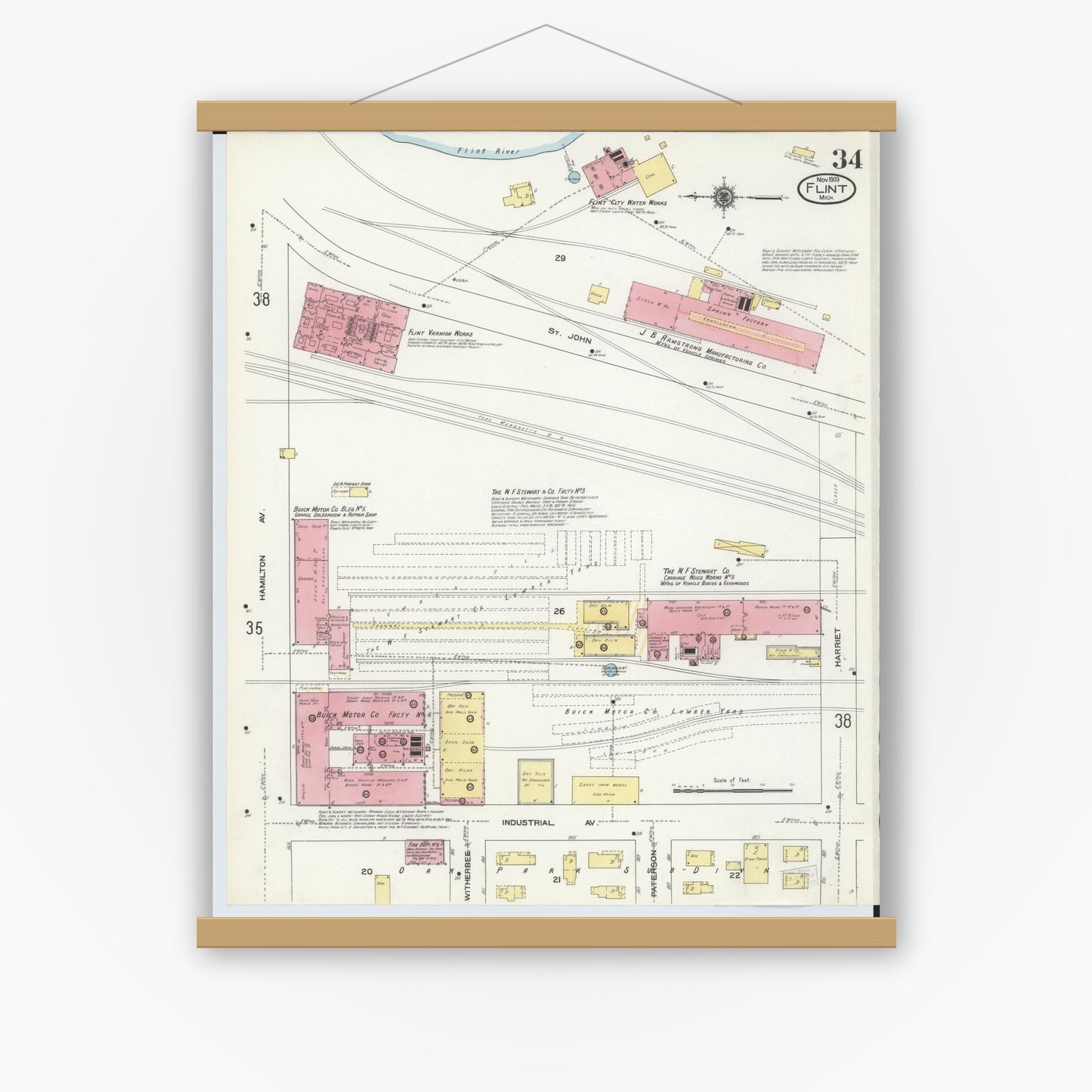 Old map wall art mockup — magnetic wood frame on white wall — Sanborn Fire Insurance Map from Flint, Genesee County, Michigan (1909), Sheet #0034
