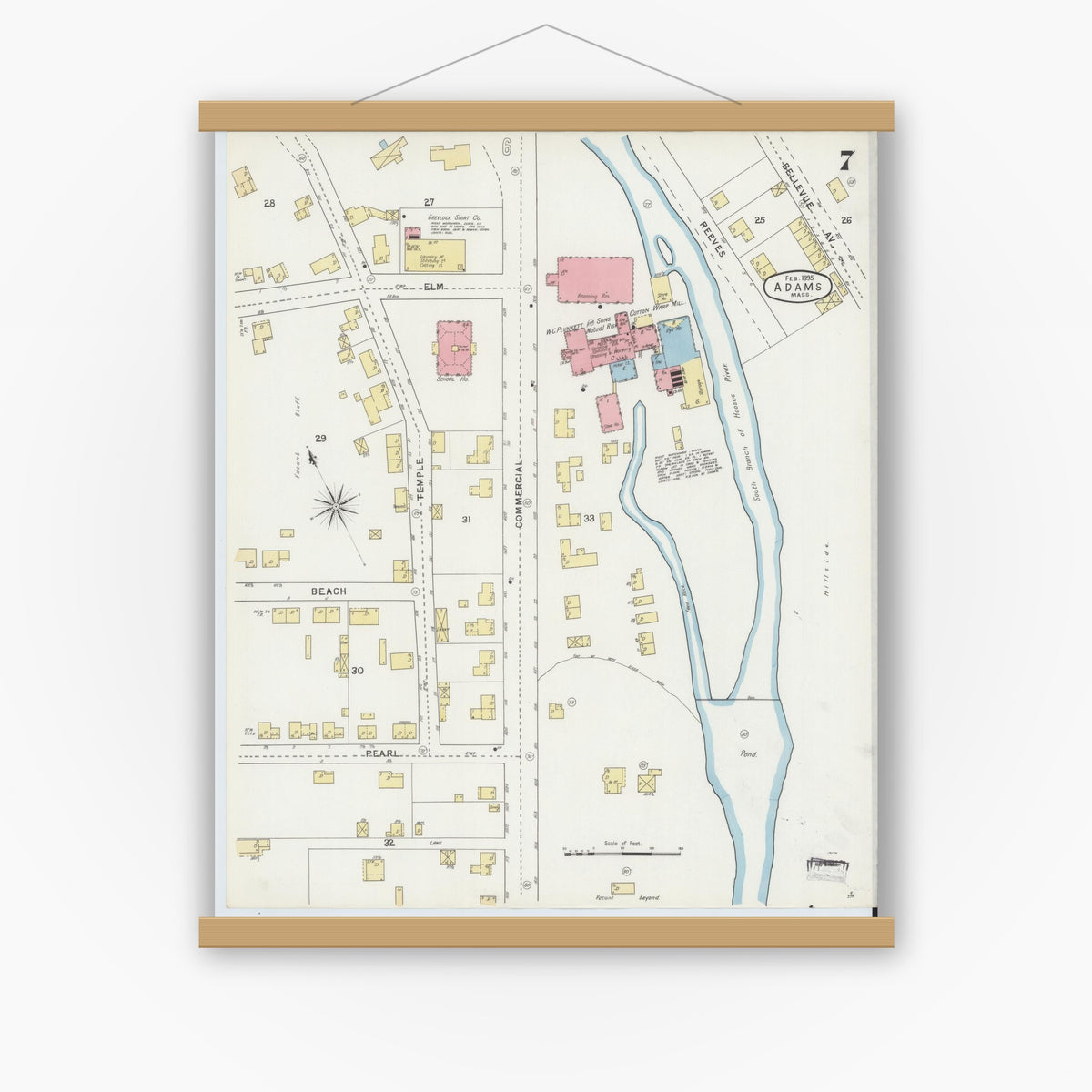 Old map wall art mockup — magnetic wood frame on white wall — Sanborn Fire Insurance Map from Adams, Berkshire County, Massachusetts (1895), Sheet #0007