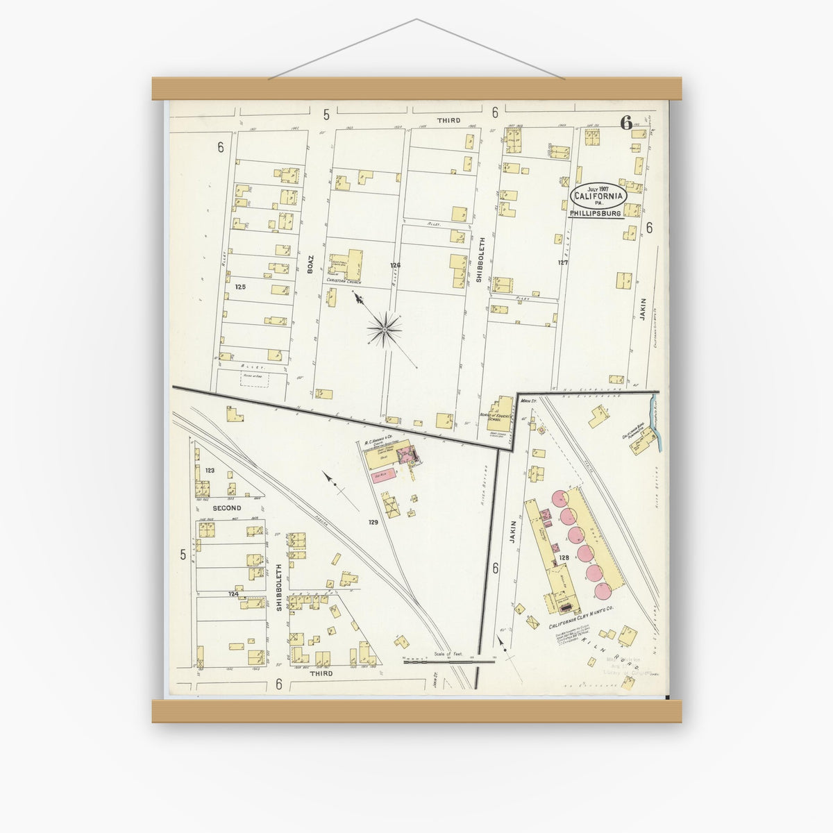 Old map wall art mockup — magnetic wood frame on white wall — Sanborn Fire Insurance Map from California, Washington County, Pennsylvania (1907), Sheet #0006