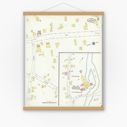 Old map wall art mockup — magnetic wood frame on white wall — Sanborn Fire Insurance Map from Lancaster, Worcester County, Massachusetts (1910), Sheet #0002
