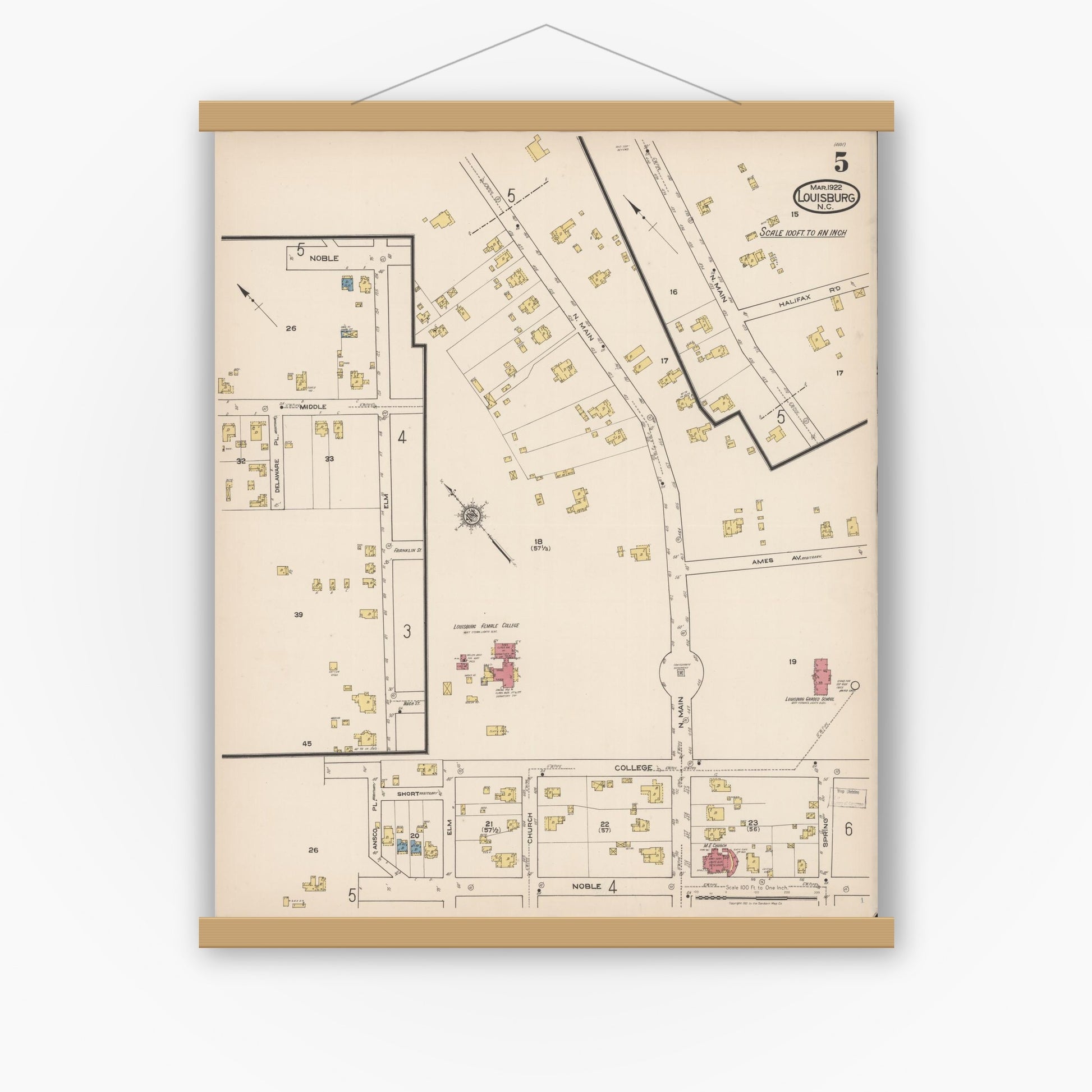 Old map wall art mockup — magnetic wood frame on white wall — Sanborn Fire Insurance Map from Louisburg, Franklin County, North Carolina (1922), Sheet #0005