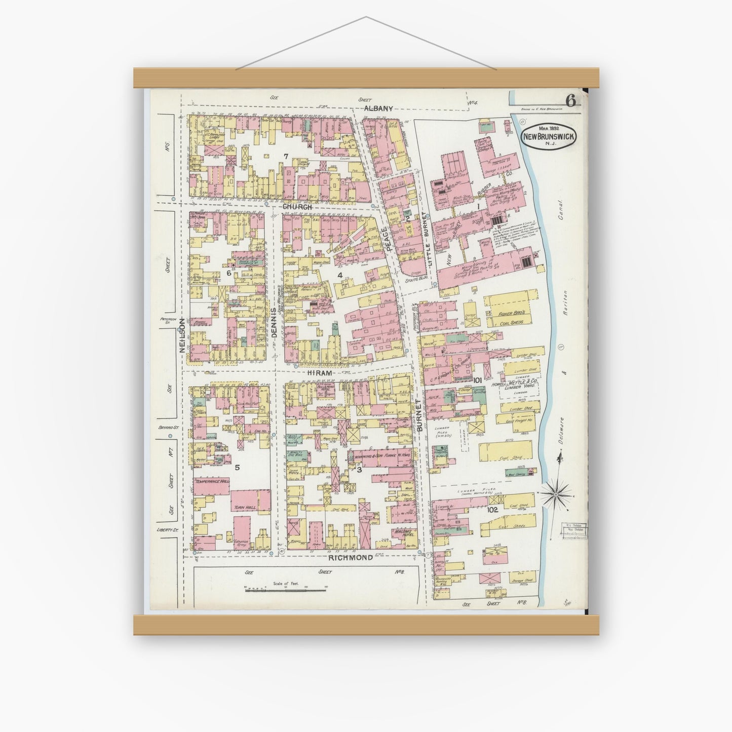 Old map wall art mockup — magnetic wood frame on white wall — Sanborn Fire Insurance Map from New Brunswick, Middlesex County, New Jersey (1892), Sheet #0006