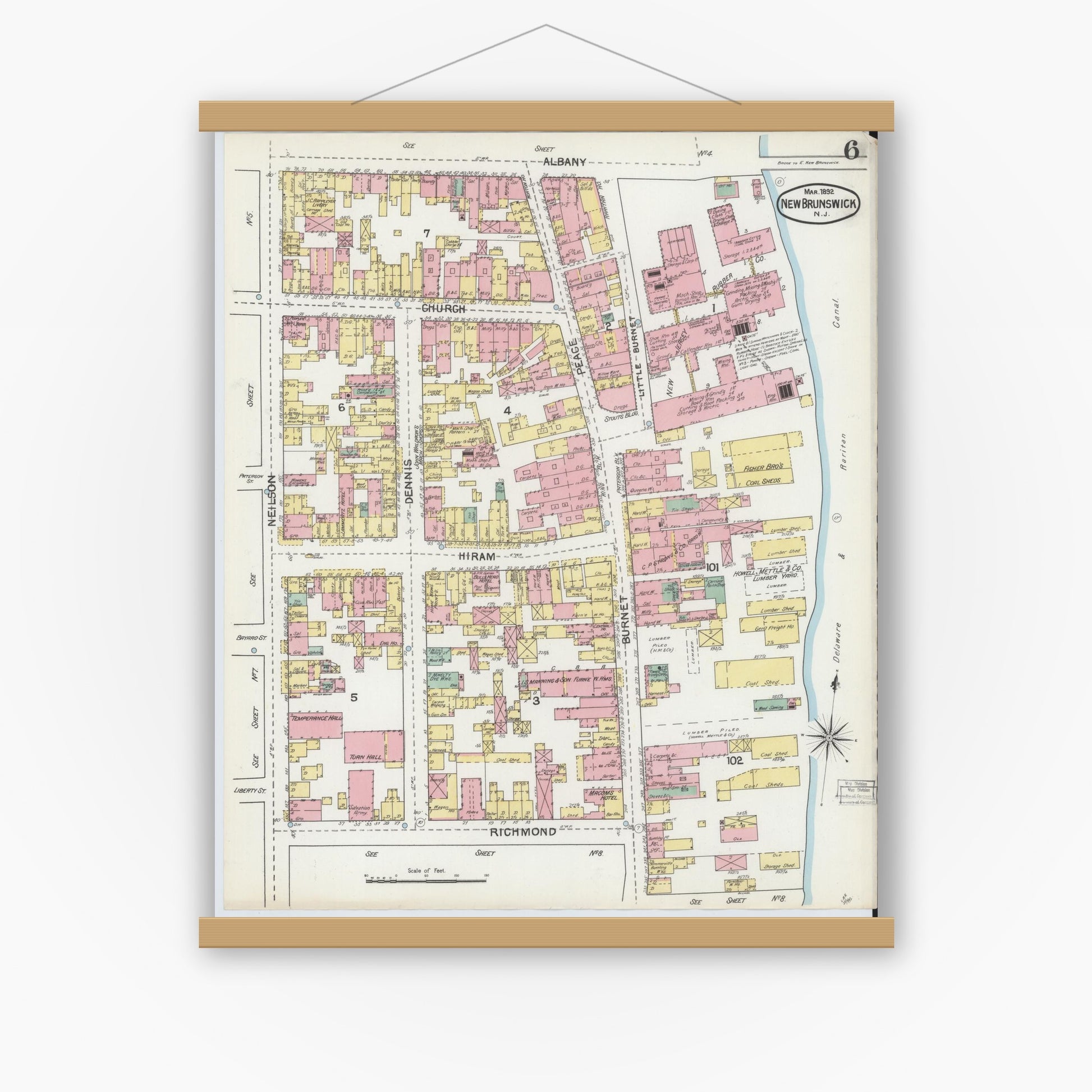 Old map wall art mockup — magnetic wood frame on white wall — Sanborn Fire Insurance Map from New Brunswick, Middlesex County, New Jersey (1892), Sheet #0006