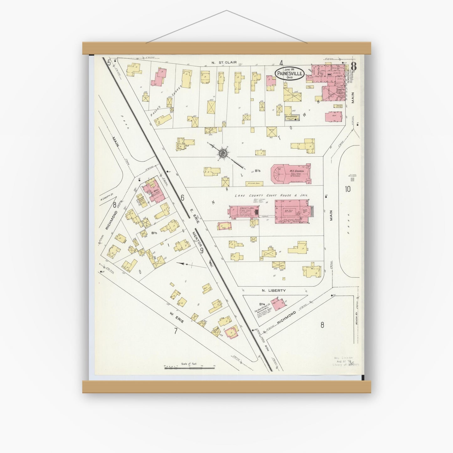 Old map wall art mockup — magnetic wood frame on white wall — Sanborn Fire Insurance Map from Painesville, Lake County, Ohio (1911), Sheet #0008