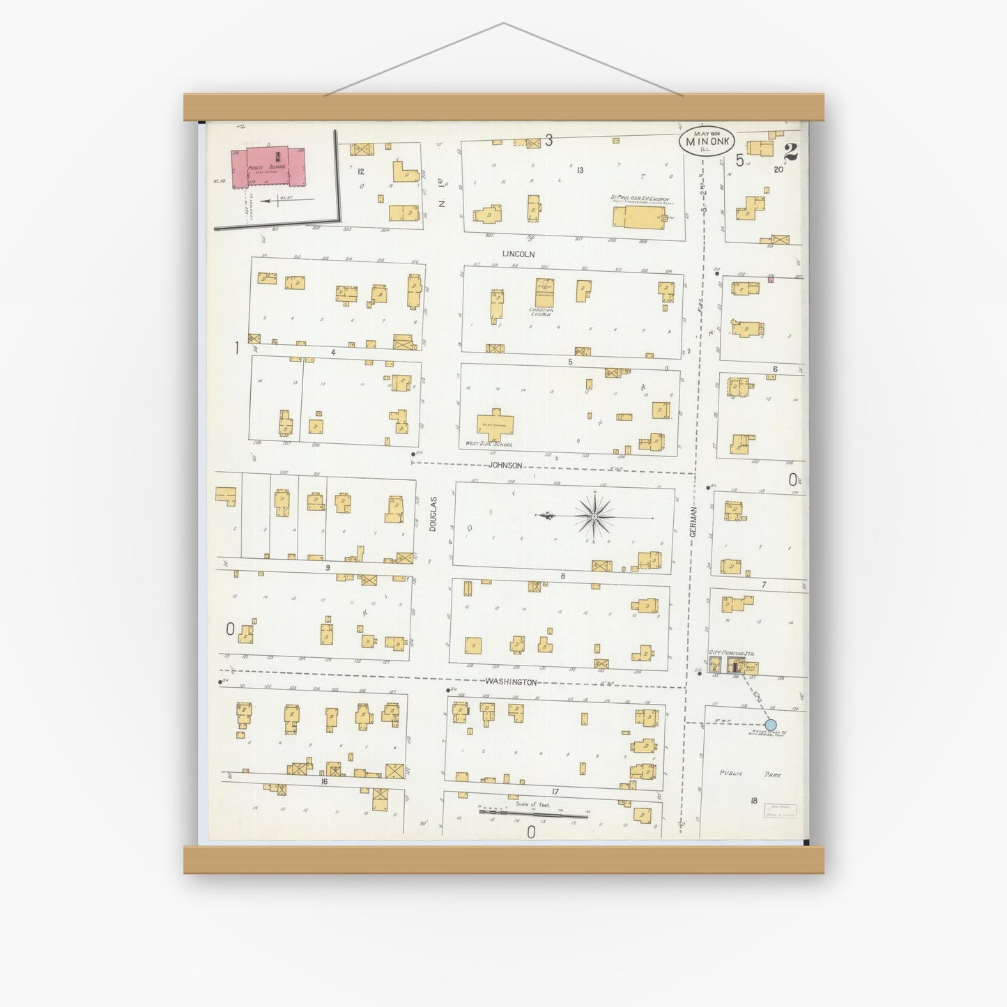 Old map wall art mockup — magnetic wood frame on white wall — Sanborn Fire Insurance Map from Minonk, Woodford County, Illinois (1906), Sheet #0002
