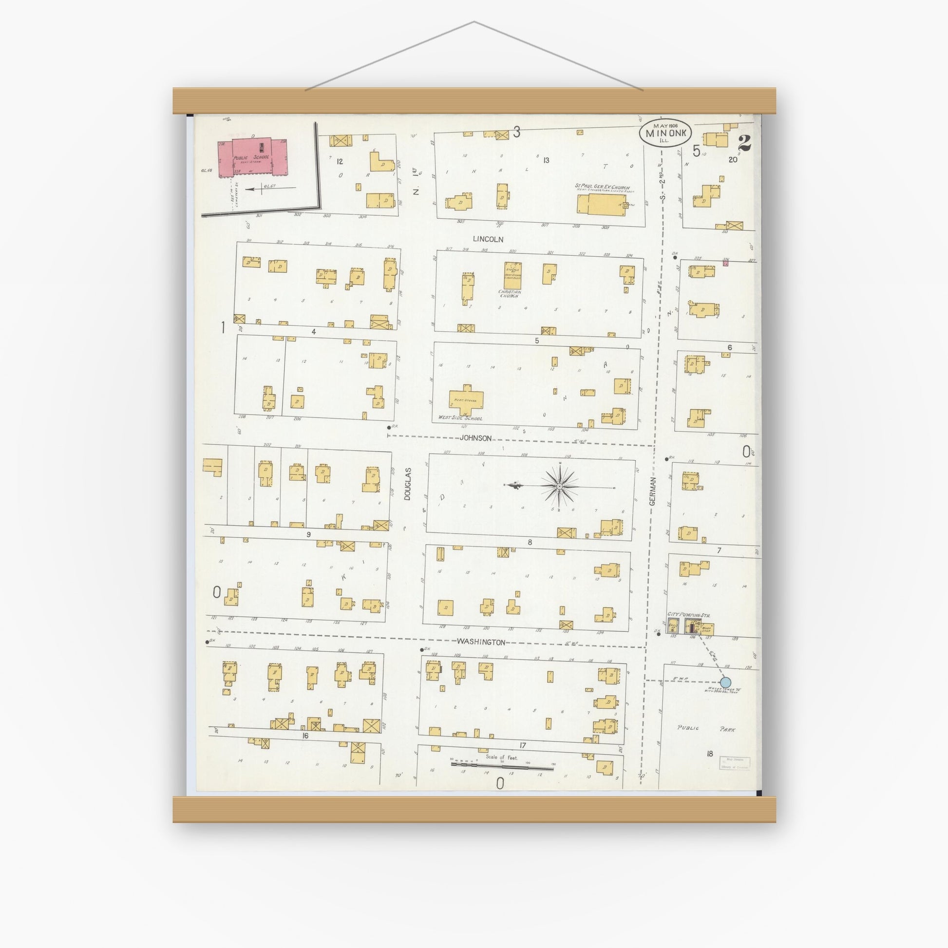 Old map wall art mockup — magnetic wood frame on white wall — Sanborn Fire Insurance Map from Minonk, Woodford County, Illinois (1906), Sheet #0002