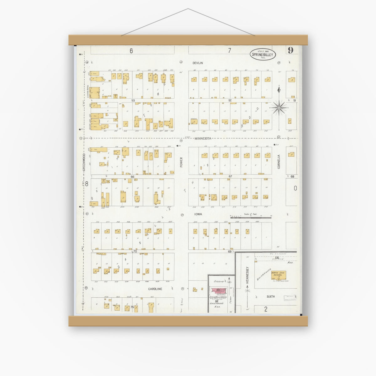 Old map wall art mockup — magnetic wood frame on white wall — Sanborn Fire Insurance Map from Spring Valley, Bureau County, Illinois (1906), Sheet #0009
