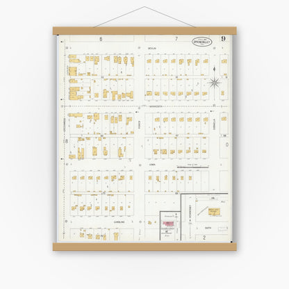 Old map wall art mockup — magnetic wood frame on white wall — Sanborn Fire Insurance Map from Spring Valley, Bureau County, Illinois (1906), Sheet #0009