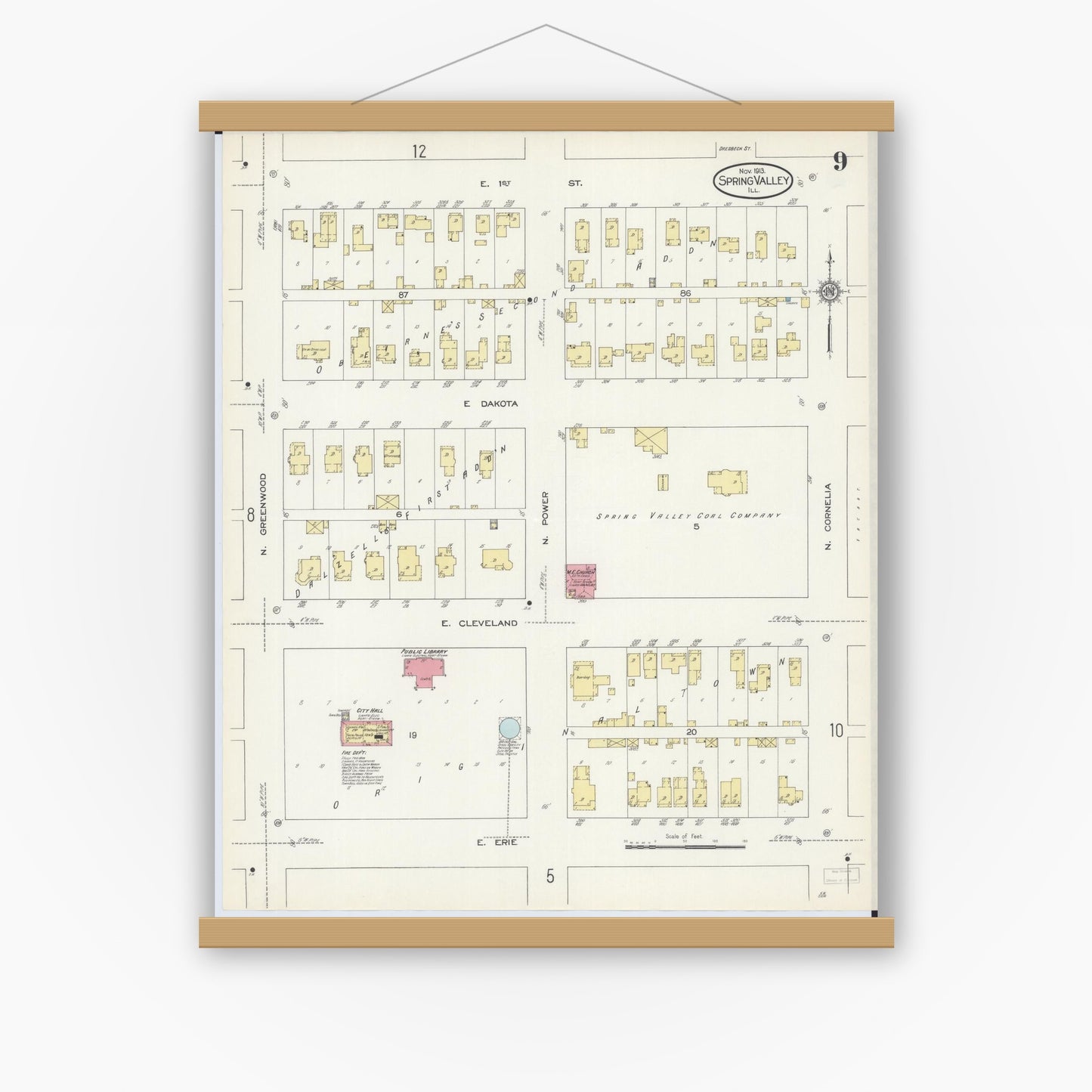 Old map wall art mockup — magnetic wood frame on white wall — Sanborn Fire Insurance Map from Spring Valley, Bureau County, Illinois (1913), Sheet #0009
