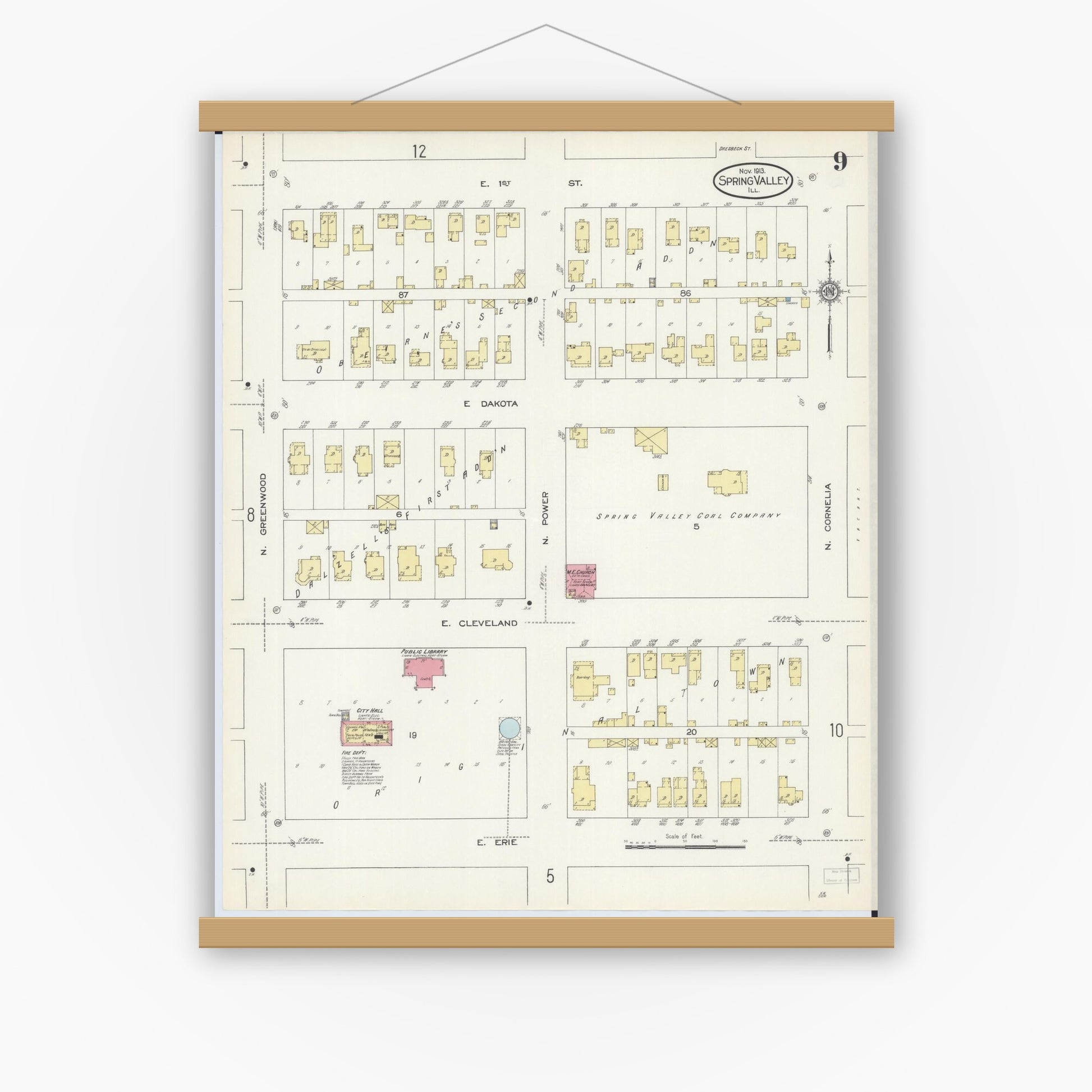 Old map wall art mockup — magnetic wood frame on white wall — Sanborn Fire Insurance Map from Spring Valley, Bureau County, Illinois (1913), Sheet #0009