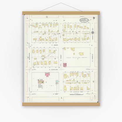 Old map wall art mockup — magnetic wood frame on white wall — Sanborn Fire Insurance Map from Spring Valley, Bureau County, Illinois (1913), Sheet #0009