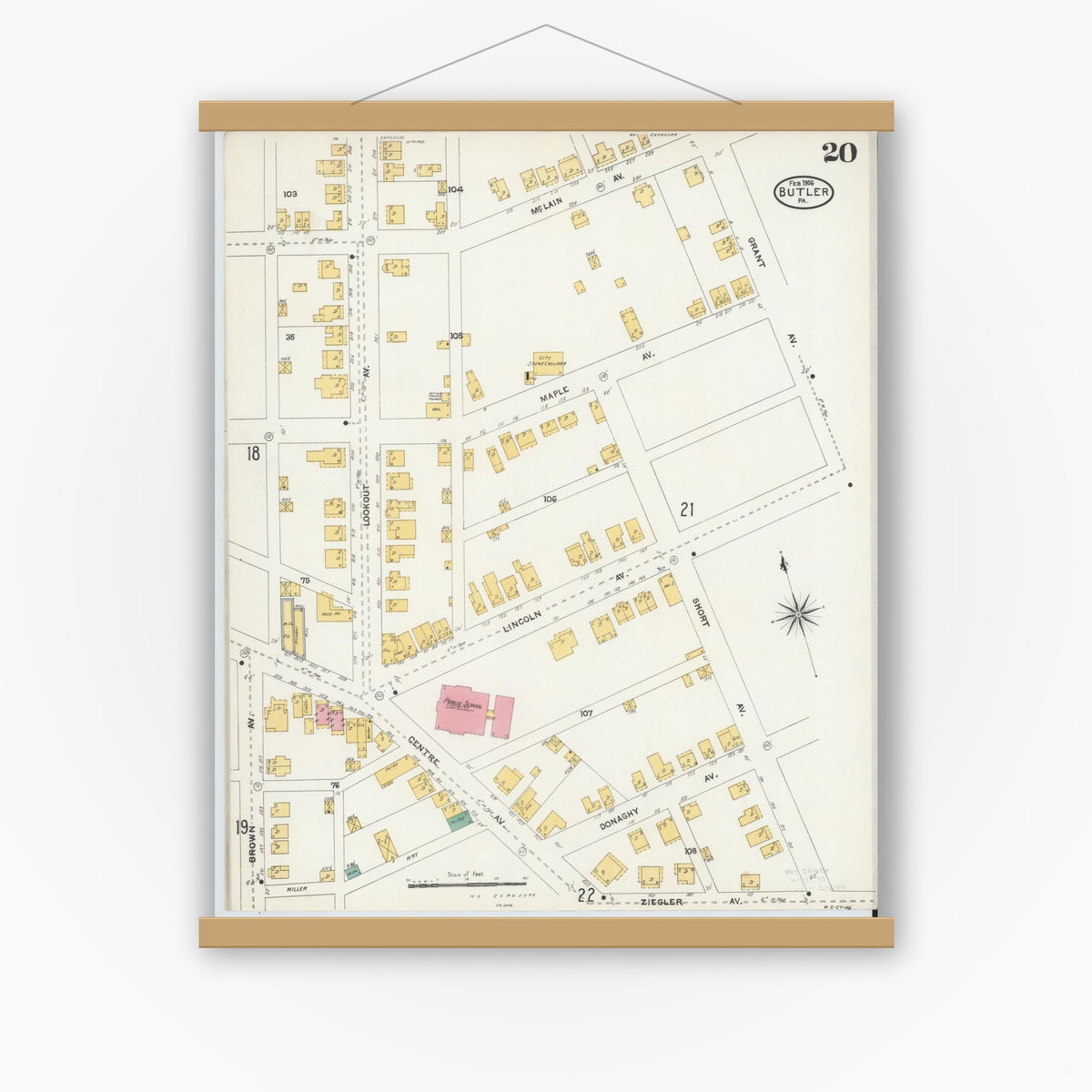 Old map wall art mockup — magnetic wood frame on white wall — Sanborn Fire Insurance Map from Butler, Butler County, Pennsylvania (1906), Sheet #0020