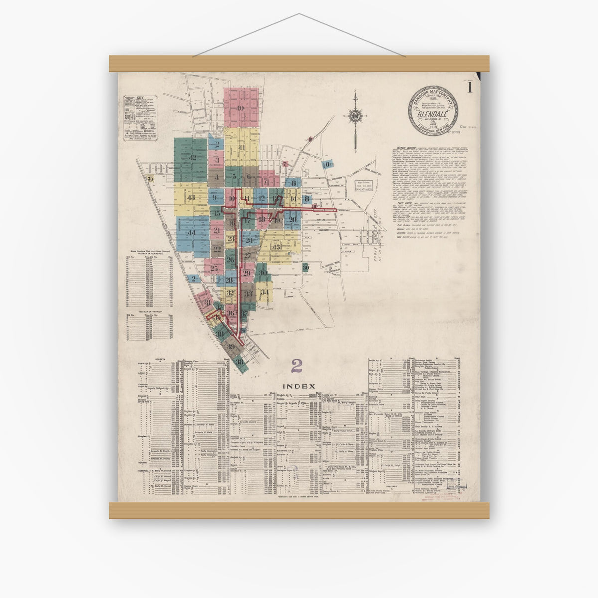 Old map wall art mockup — magnetic wood frame on white wall — Sanborn Fire Insurance Map from Glendale, Los Angeles County, California (1919) - Complete Map Set