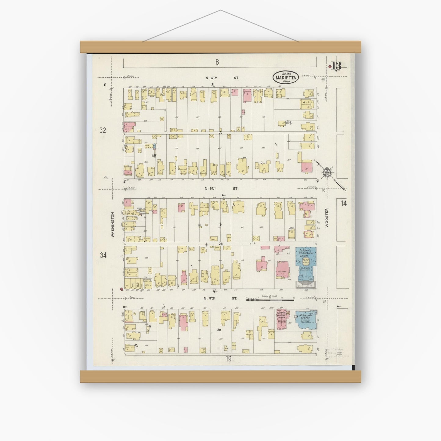 Old map wall art mockup — magnetic wood frame on white wall — Sanborn Fire Insurance Map from Marietta, Washington County, Ohio (1915), Sheet #0013