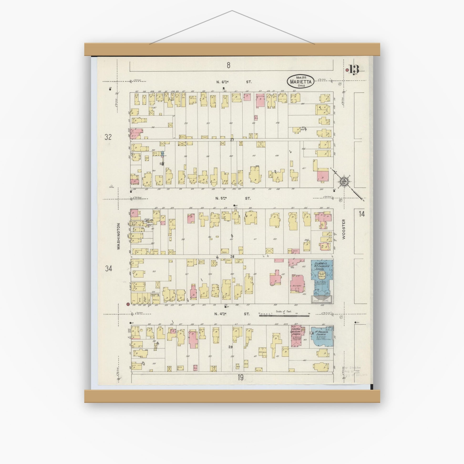 Old map wall art mockup — magnetic wood frame on white wall — Sanborn Fire Insurance Map from Marietta, Washington County, Ohio (1915), Sheet #0013