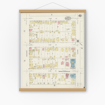 Old map wall art mockup — magnetic wood frame on white wall — Sanborn Fire Insurance Map from Marietta, Washington County, Ohio (1915), Sheet #0013