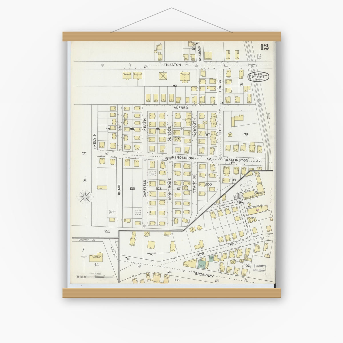 Old map wall art mockup — magnetic wood frame on white wall — Sanborn Fire Insurance Map from Everett, Middlesex County, Massachusetts (1892), Sheet #0012