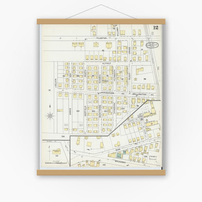 Old map wall art mockup — magnetic wood frame on white wall — Sanborn Fire Insurance Map from Everett, Middlesex County, Massachusetts (1892), Sheet #0012