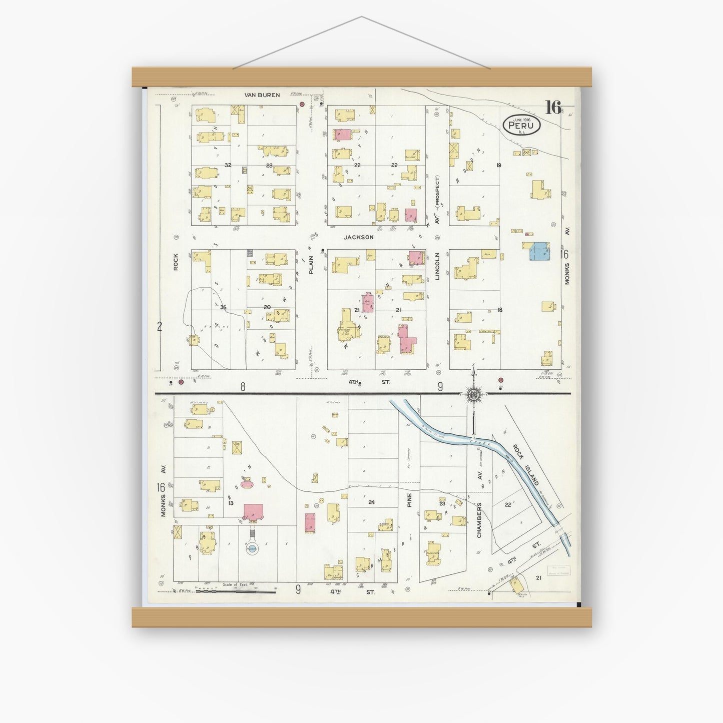 Old map wall art mockup — magnetic wood frame on white wall — Sanborn Fire Insurance Map from Peru, La Salle County, Illinois (1916), Sheet #0016