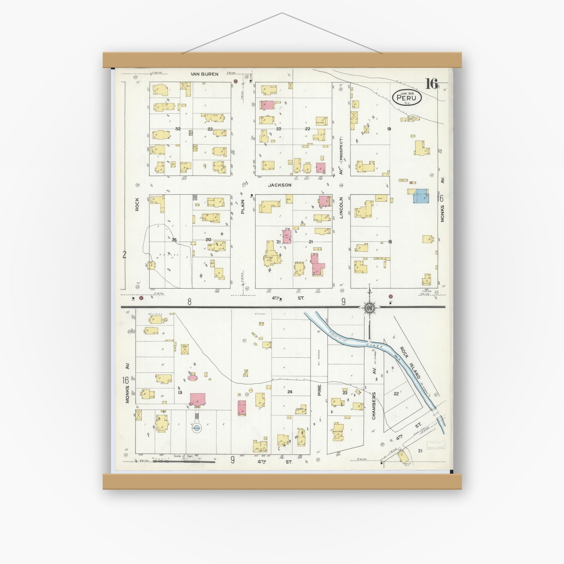Old map wall art mockup — magnetic wood frame on white wall — Sanborn Fire Insurance Map from Peru, La Salle County, Illinois (1916), Sheet #0016