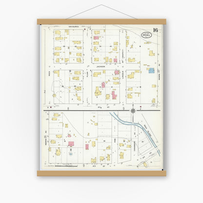 Old map wall art mockup — magnetic wood frame on white wall — Sanborn Fire Insurance Map from Peru, La Salle County, Illinois (1916), Sheet #0016