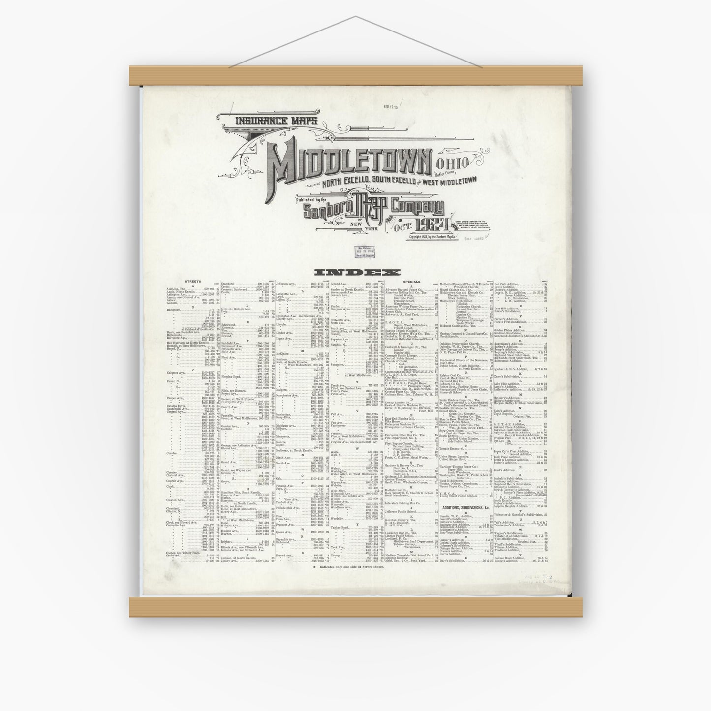 Old map wall art mockup — magnetic wood frame on white wall — Sanborn Fire Insurance Map from Middletown, Butler County, Ohio (1924), Sheet #0001