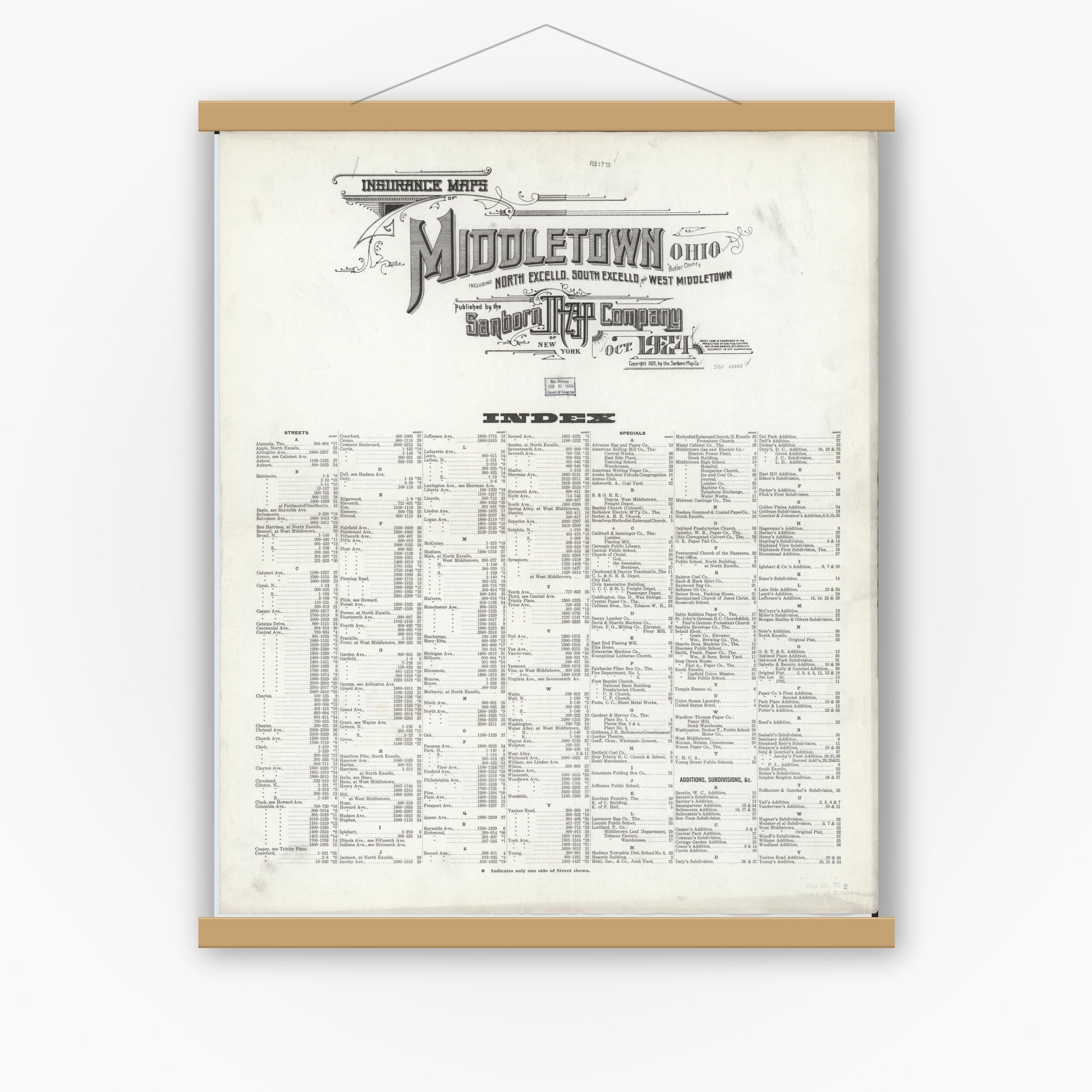 Old map wall art mockup — magnetic wood frame on white wall — Sanborn Fire Insurance Map from Middletown, Butler County, Ohio (1924), Sheet #0001
