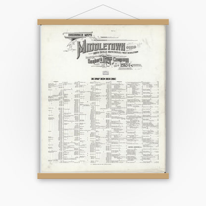 Old map wall art mockup — magnetic wood frame on white wall — Sanborn Fire Insurance Map from Middletown, Butler County, Ohio (1924), Sheet #0001