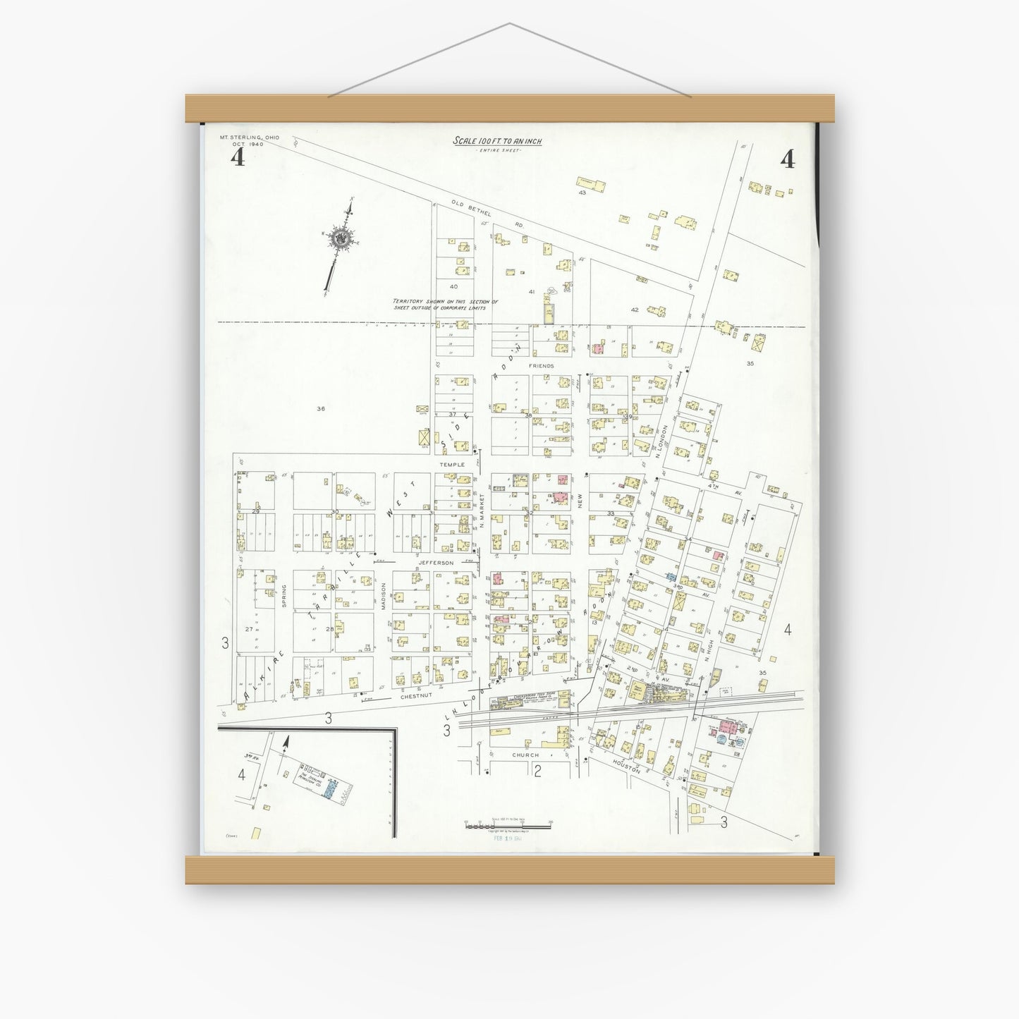 Old map wall art mockup — magnetic wood frame on white wall — Sanborn Fire Insurance Map from Mount Sterling, Madison County, Ohio (1940), Sheet #0004