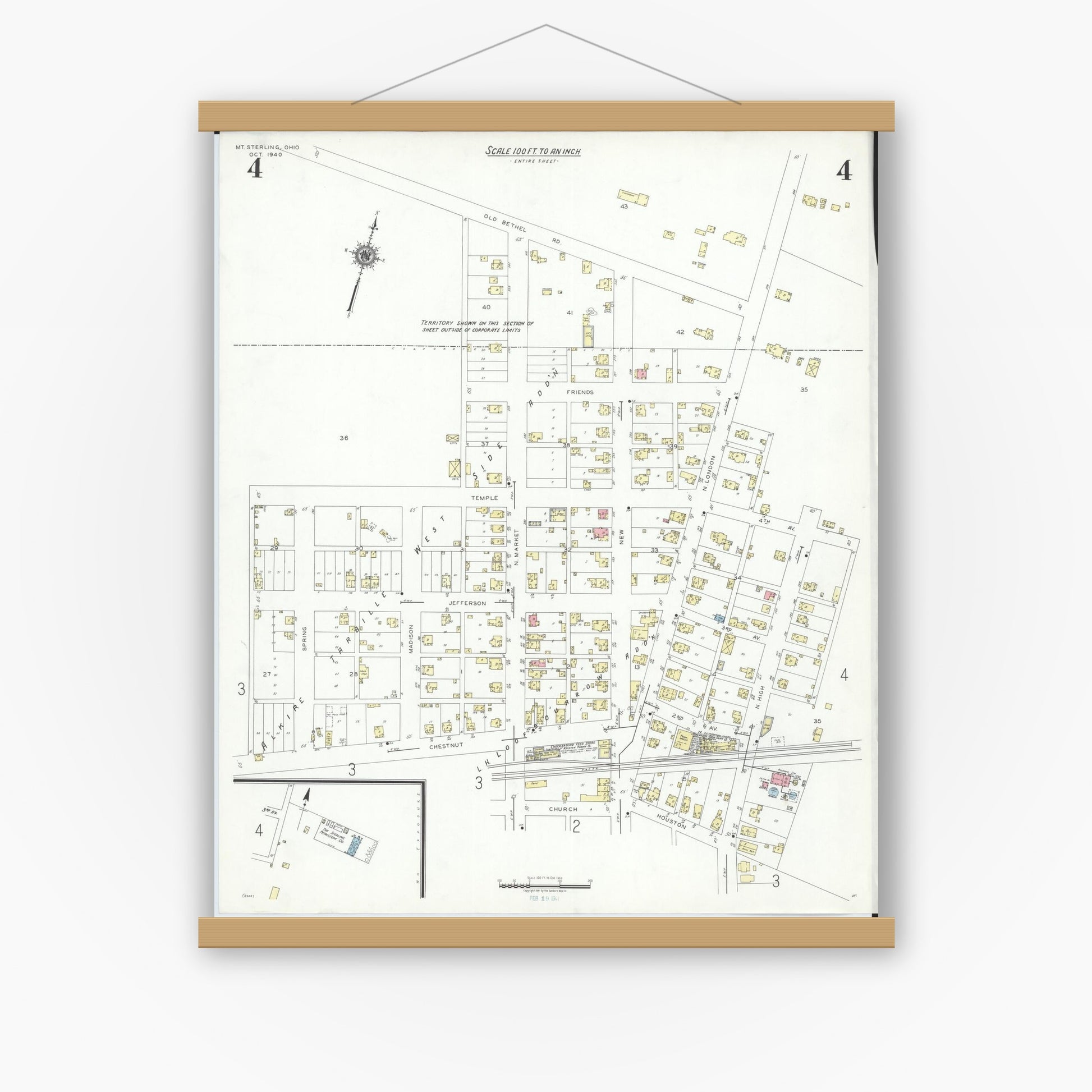 Old map wall art mockup — magnetic wood frame on white wall — Sanborn Fire Insurance Map from Mount Sterling, Madison County, Ohio (1940), Sheet #0004