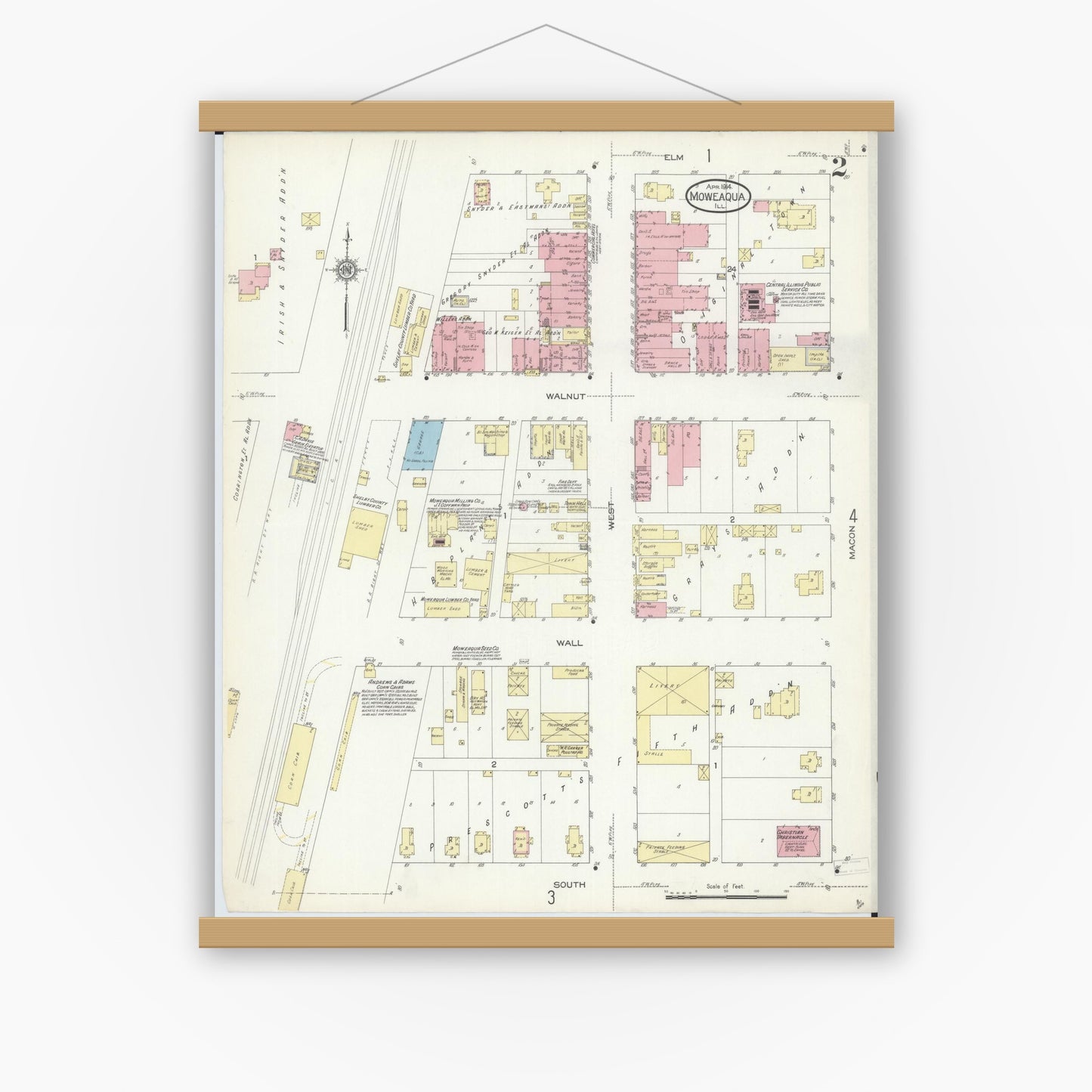 Old map wall art mockup — magnetic wood frame on white wall — Sanborn Fire Insurance Map from Moweaqua, Shelby County, Illinois (1914), Sheet #0002