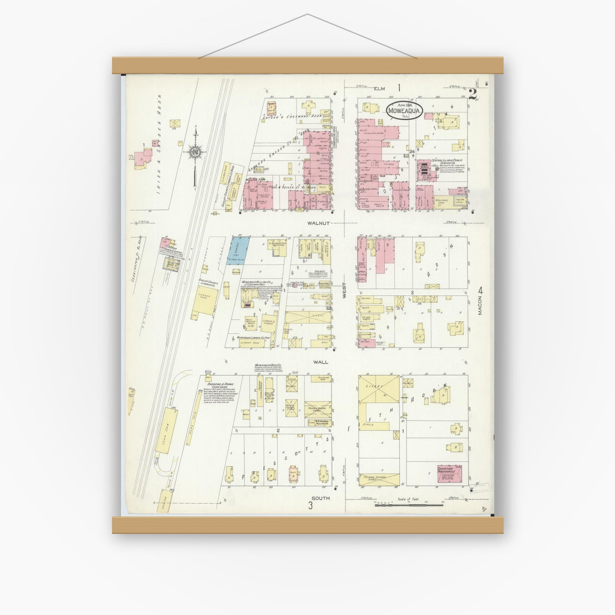 Old map wall art mockup — magnetic wood frame on white wall — Sanborn Fire Insurance Map from Moweaqua, Shelby County, Illinois (1914), Sheet #0002