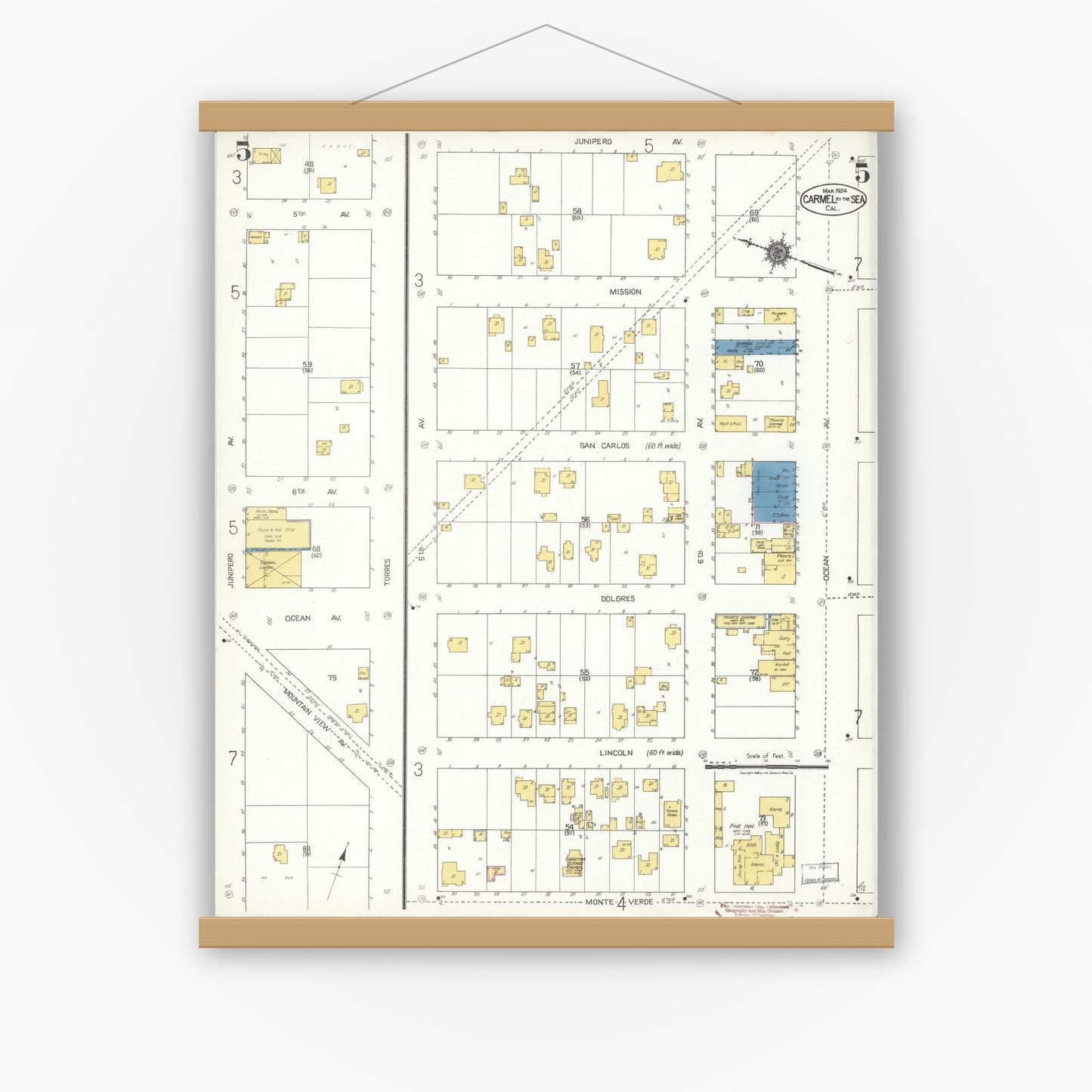 Old map wall art mockup — magnetic wood frame on white wall — Sanborn Fire Insurance Map from Carmel By The Sea, Monterey County, California (1924), Sheet #0005