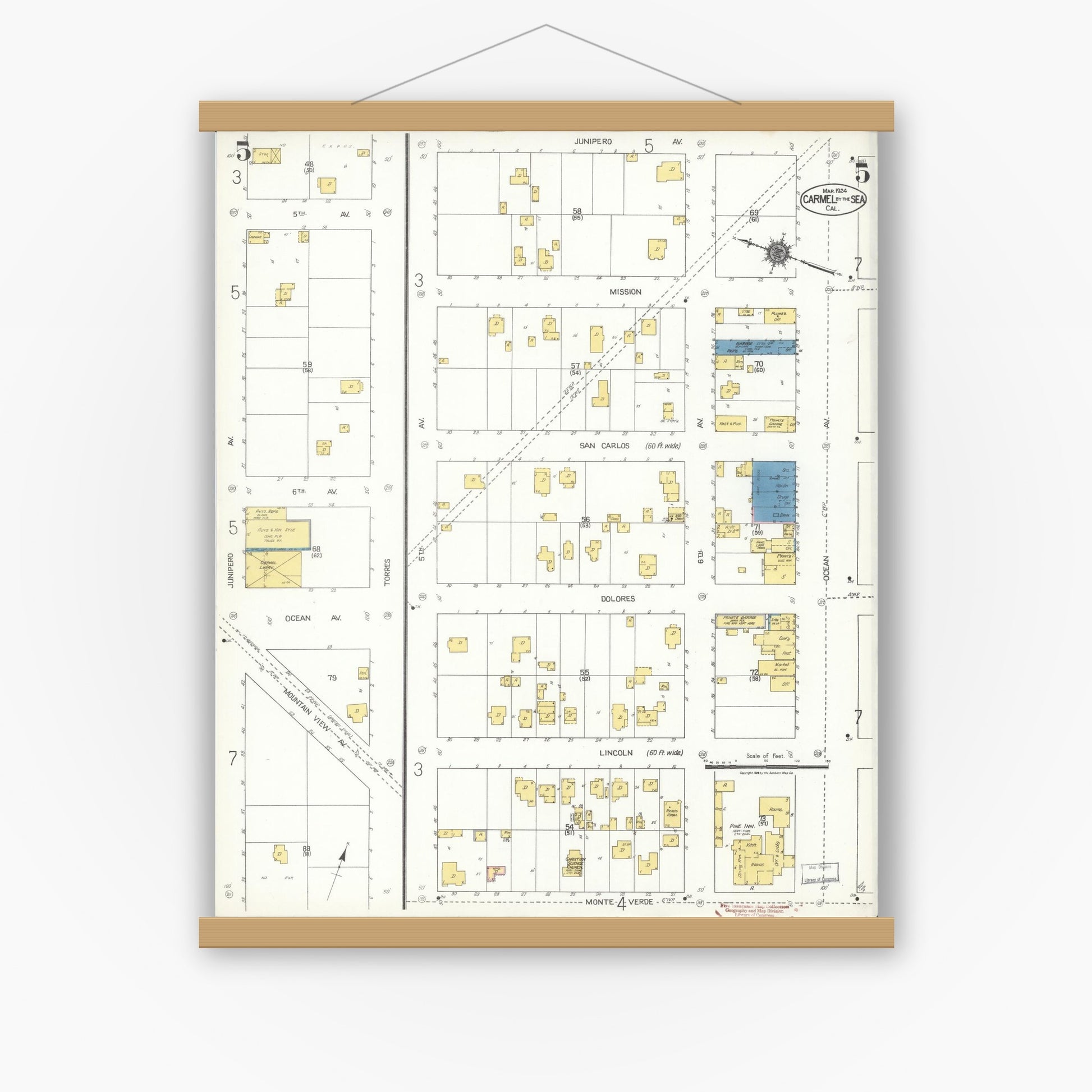 Old map wall art mockup — magnetic wood frame on white wall — Sanborn Fire Insurance Map from Carmel By The Sea, Monterey County, California (1924), Sheet #0005
