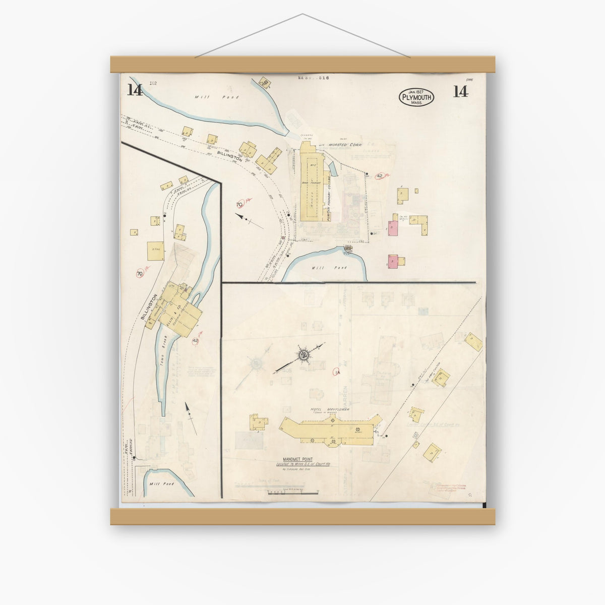 Old map wall art mockup — magnetic wood frame on white wall — Sanborn Fire Insurance Map from Plymouth, Plymouth County, Massachusetts (1948), Sheet #0014