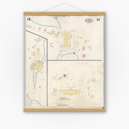 Old map wall art mockup — magnetic wood frame on white wall — Sanborn Fire Insurance Map from Plymouth, Plymouth County, Massachusetts (1948), Sheet #0014