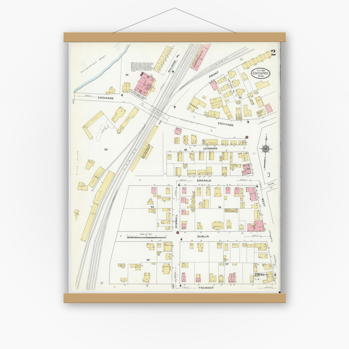 Old map wall art mockup — magnetic wood frame on white wall — Sanborn Fire Insurance Map from Chicopee, Hampden County, Massachusetts (1910) - Complete Map Set