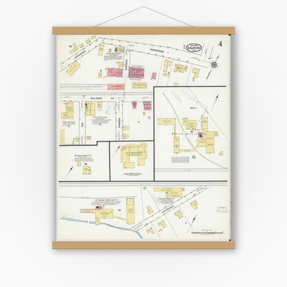 Old map wall art mockup — magnetic wood frame on white wall — Sanborn Fire Insurance Map from Marion, Mcdowell County, North Carolina (1918), Sheet #0004