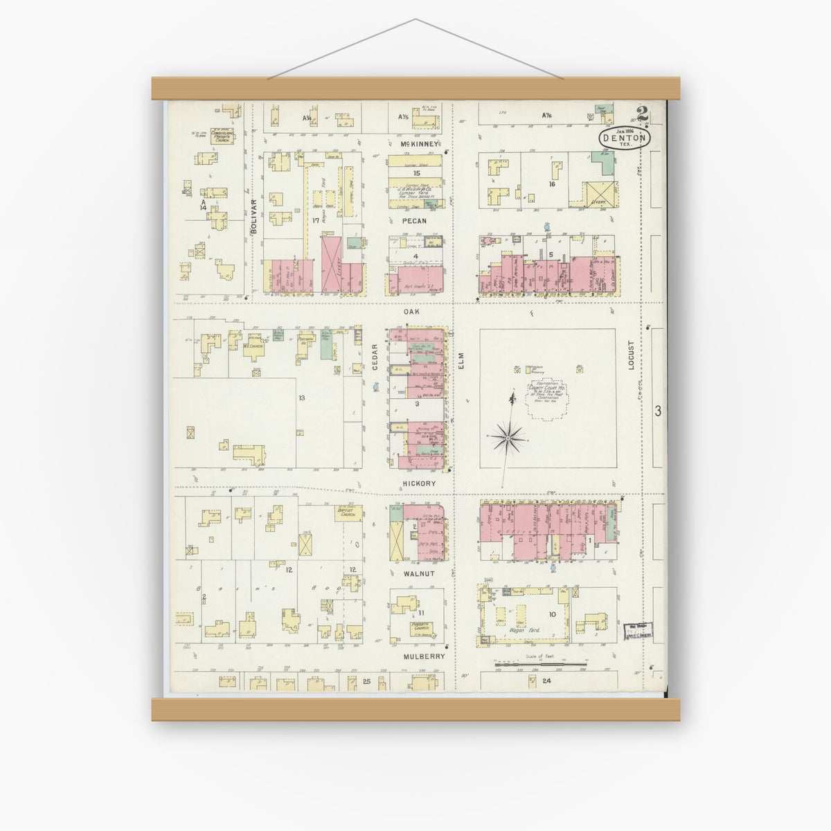 Old map wall art mockup — magnetic wood frame on white wall — Sanborn Fire Insurance Map from Denton, Denton County, Texas (1896), Sheet #0002